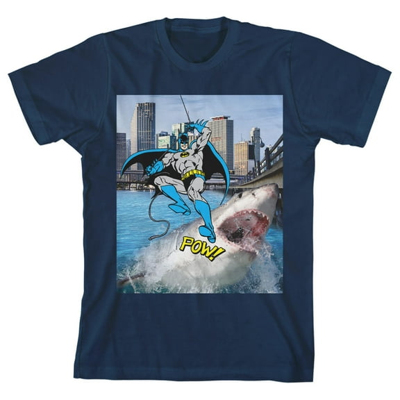 Batman Kicking Shark's Face Youth Navy Blue Graphic Tee-Medium