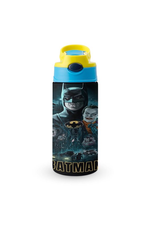 Batman Kids Water Bottle with Silicone Straw And Spill-Proof Lid, Stainless Steel Double-Wall Vacuum Insulated Water Bottles for Boys Girls
