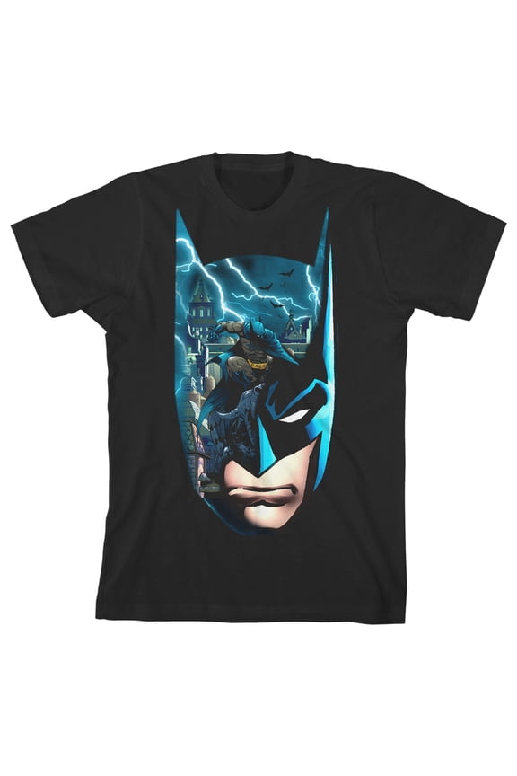 Batman Lightning Mask Graphics Trap Boy's Black T-shirt-XS