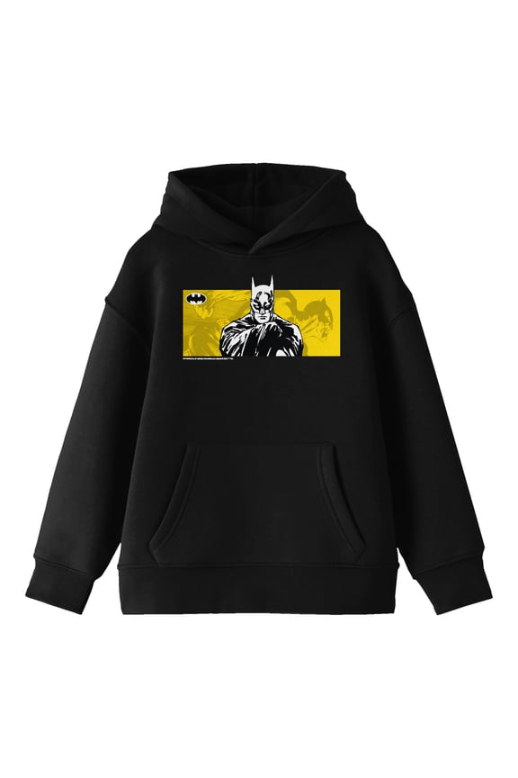 Batman Line Art Long Sleeve Youth Black Hooded Sweatshirt-Large