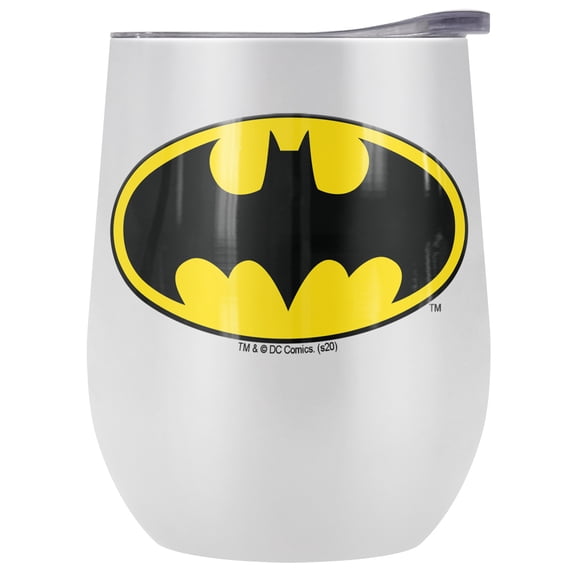 Batman - Logo Official Batman Classic Logo 12 OZ Stemless Wine Tumbler, Stainless Steel Travel Cup|Lake Tumbler|Insulated with Leak Resistant Slide-Lock Lid, White