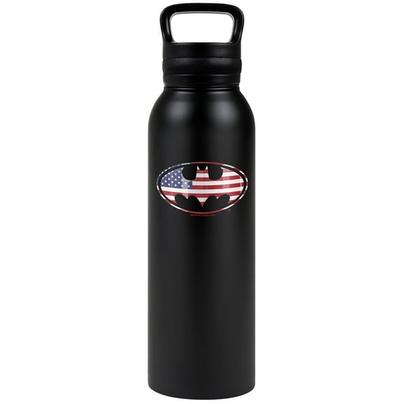 Batman - Logo Official USA American Flag Shield Logo 24 oz Insulated Canteen Water Bottle, Leak Resistant, Vacuum Insulated Stainless Steel with Loop Cap, Black