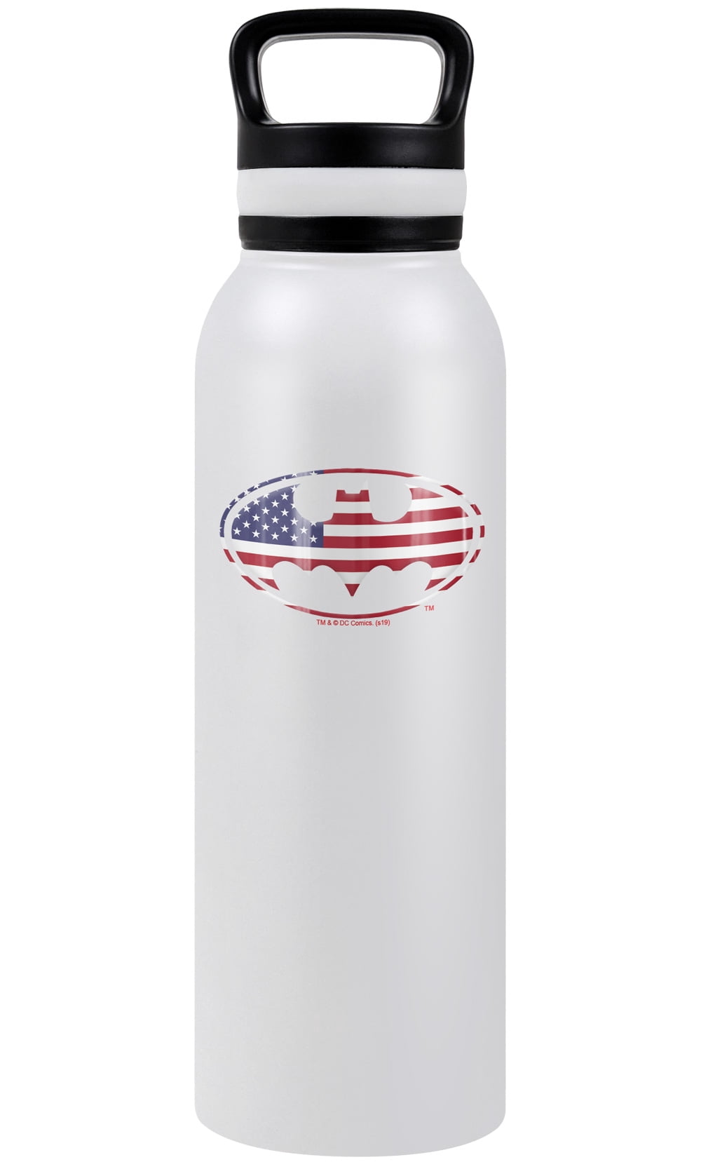 Batman - Logo Official USA American Flag Shield Logo 24 oz Insulated Canteen Water Bottle, Leak Resistant, Vacuum Insulated Stainless Steel with Loop Cap, White