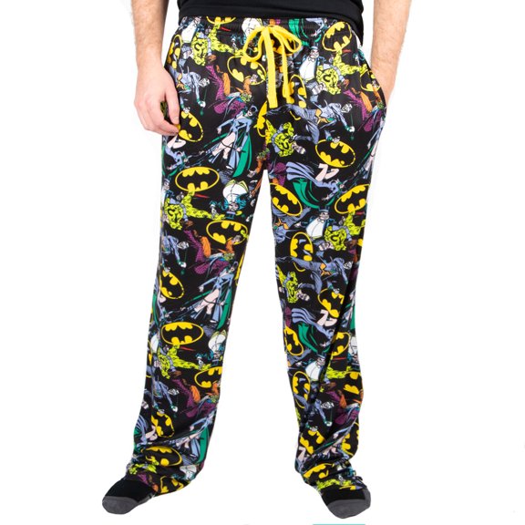Batman Logos & DC Comics Characters All Over Print Mens Black Sleep Pajama Pants-L