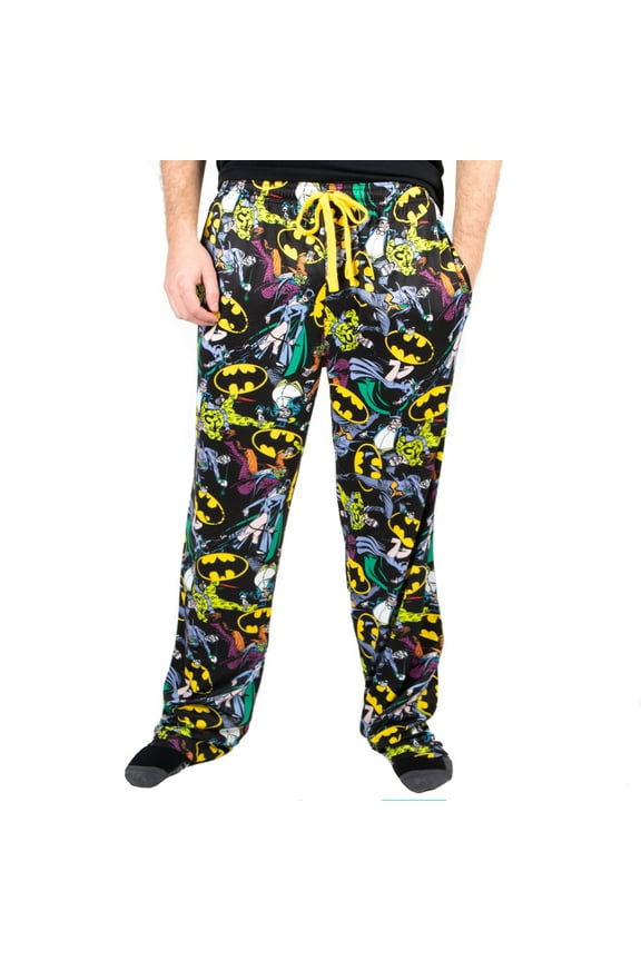 Batman Logos & DC Comics Characters All Over Print Mens Black Sleep Pajama Pants-L