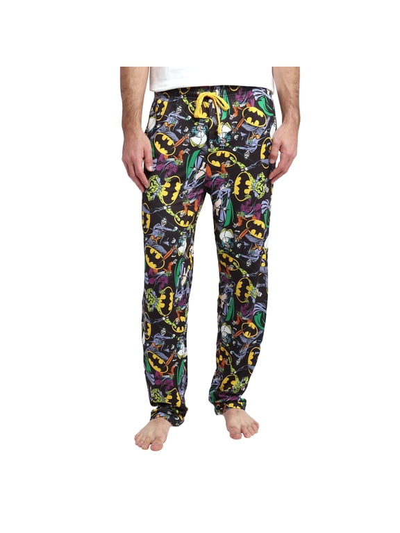 Batman Logos & DC Comics Characters All Over Print Mens Black Sleep Pajama Pants-XXL