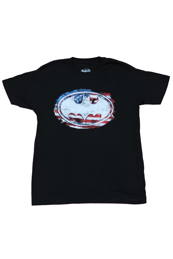 Batman Mens T-Shirt - Grayscale Oval Logo Over American Flag (Large)