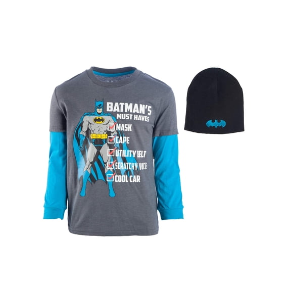 "Batman Must Haves" Long Sleeve Twofer Tee And Matching Beanie (Little Boys & Big Boys)