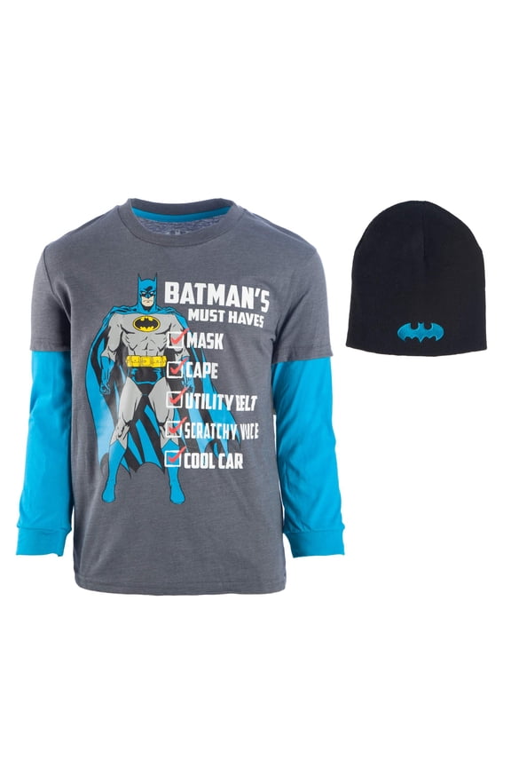 "Batman Must Haves" Long Sleeve Twofer Tee And Matching Beanie (Little Boys & Big Boys)