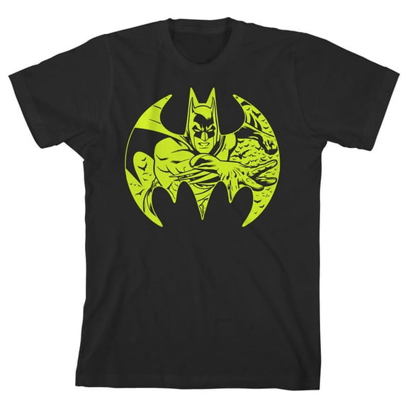 Batman Neon Yellow Logo and Character Boy's Black T-shirt-Small