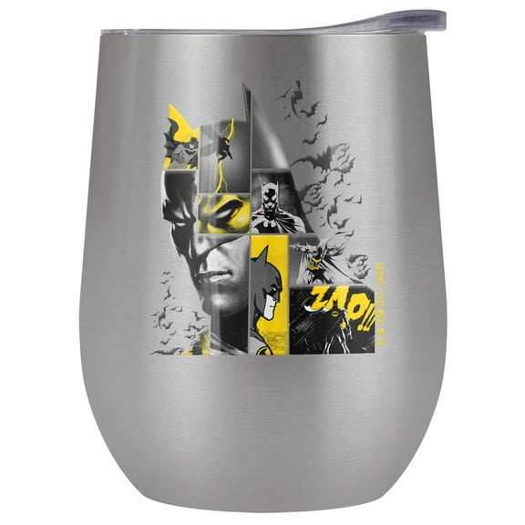 Batman Official 80 Years Bat Panels 12 OZ Stemless Wine Tumbler, Stainless Steel Travel Cup|Lake Tumbler|Insulated with Leak Resistant Slide-Lock Lid, Stainless Steel