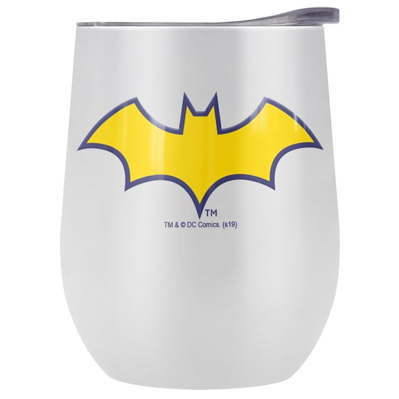 Batman Official Batman Batgirl Logo Pattern 12 OZ Stemless Wine Tumbler, Stainless Steel Travel Cup|Lake Tumbler|Insulated with Leak Resistant Slide-Lock Lid, White