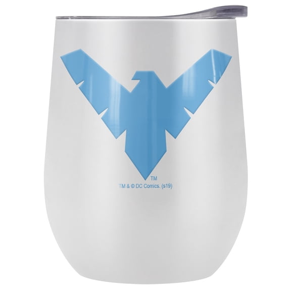 Batman Official Batman Nightwing Logo Pattern 12 OZ Stemless Wine Tumbler, Stainless Steel Travel Cup|Lake Tumbler|Insulated with Leak Resistant Slide-Lock Lid, White