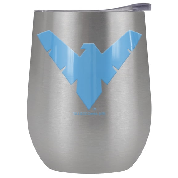 Batman Official Batman Nightwing Logo Pattern 12 OZ Stemless Wine Tumbler, Stainless Steel Travel Cup|Lake Tumbler|Insulated with Leak Resistant Slide-Lock Lid, Stainless Steel