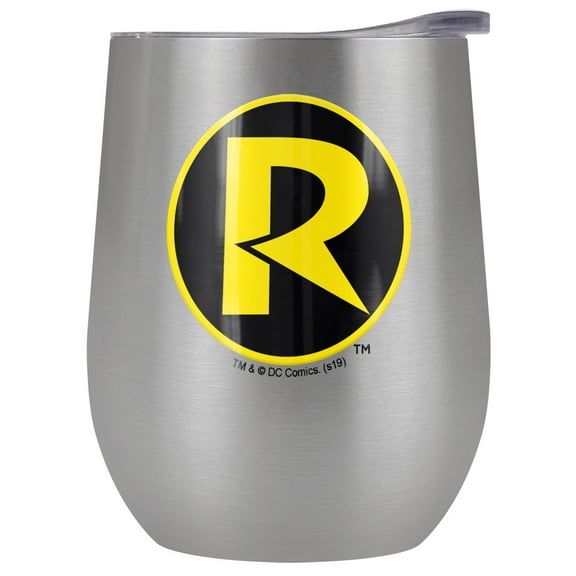 Batman Official Batman Robin R Logo Pattern 12 OZ Stemless Wine Tumbler, Stainless Steel Travel Cup|Lake Tumbler|Insulated with Leak Resistant Slide-Lock Lid, Stainless Steel