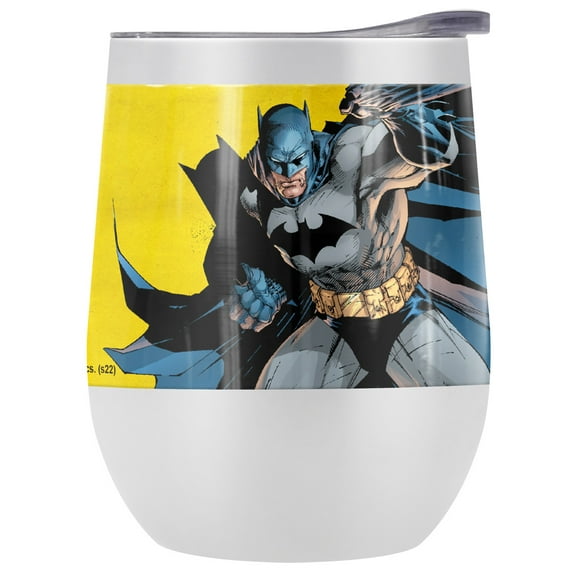 Batman Official Classic Logo 12 OZ Stemless Wine Tumbler, Stainless Steel Travel Cup|Lake Tumbler|Insulated with Leak Resistant Slide-Lock Lid, White