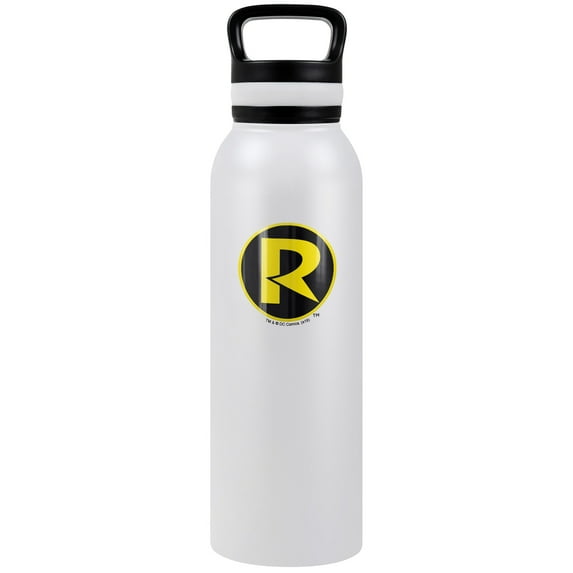 Batman Official Batman Robin R Logo Pattern 24 oz Insulated Canteen Water Bottle, Leak Resistant, Vacuum Insulated Stainless Steel with Loop Cap, White