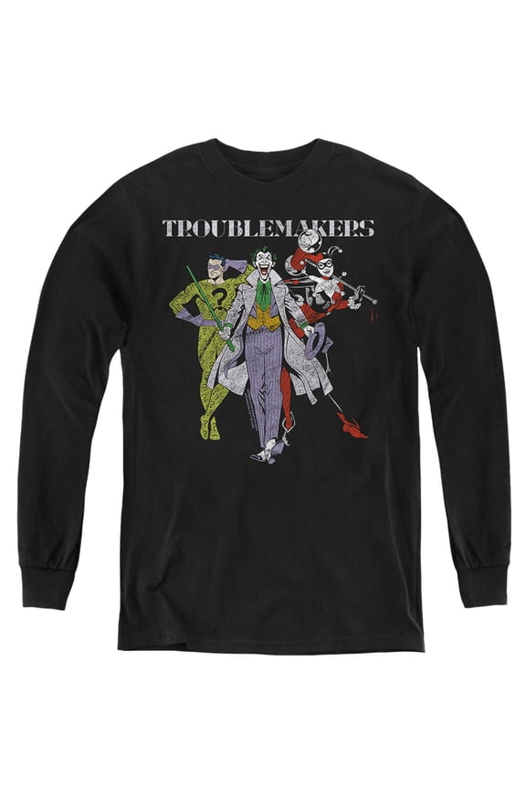 Batman Original Gangsters Joker Harley Quinn Riddler Kids Long Sleeve T Shirt (Medium) for Youth Boys and Girls, Black