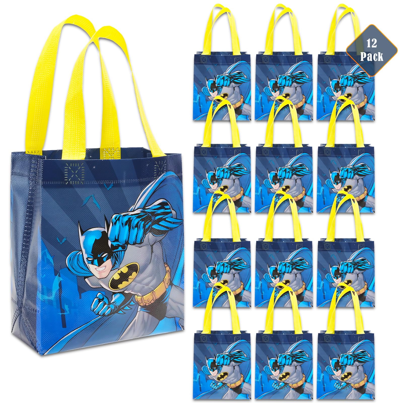 Batman Party Favor Set 12 Pack of 8" Goodie Bags for Kids Bulk Reusable Mini Totes | Batman Birthday Party Supplies