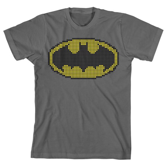 Batman Pixel Logo Boy's Charcoal T-shirt-XS