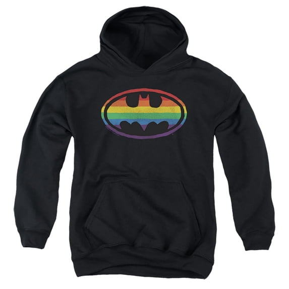 Batman Rainbow Logo Kids Pull-Over Hoodie (Large) for Youth Boys and Girls, Black