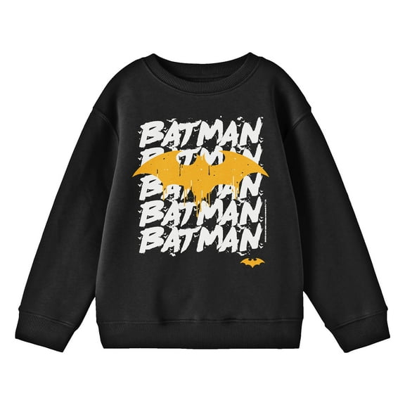 Batman Repeat Text With Logo Crew Neck Long Sleeve Youth Black Sweatshirt-XS