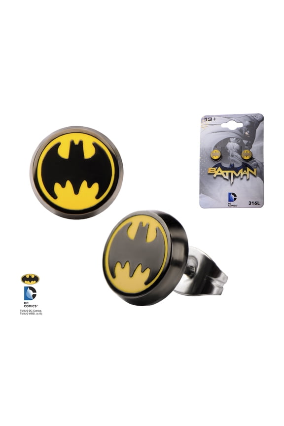 Batman Round Enamel Bat Signal Logo Black and Yellow Stainless Steel Post Unisex Stud Earrings