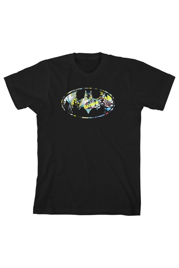 Batman Shiny Silver and Yellow Logo Boy's Black T-shirt-L