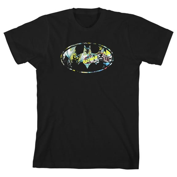 Batman Shiny Silver and Yellow Logo Boy's Black T-shirt-XS