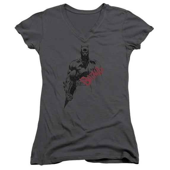Batman Sketch Bat Red Logo Junior Women's T-Shirt V-Neck Charcoal