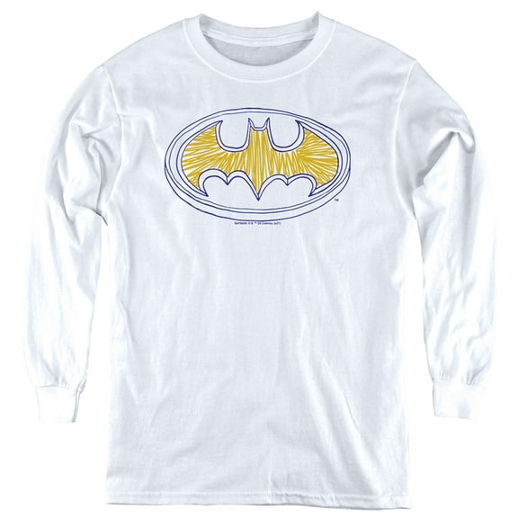 Batman Squiggly Symbol Kids Long Sleeve T Shirt (X-Large) for Youth Boys and Girls, White