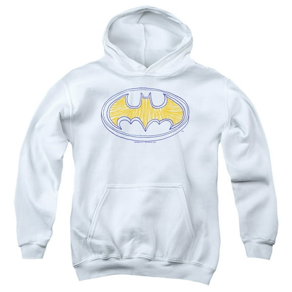 Batman Squiggly Symbol Kids Pull-Over Hoodie (Large) for Youth Boys and Girls, White