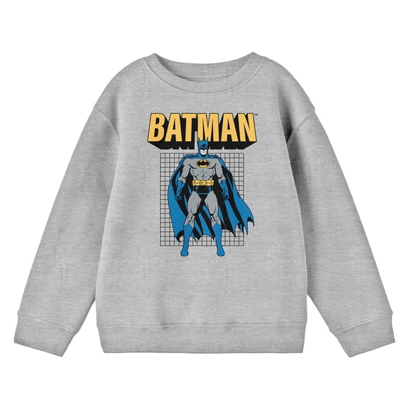 Batman Standing Comic Book Character and Logo Youth Heather Gray Crew Neck Sweatshirt-Large