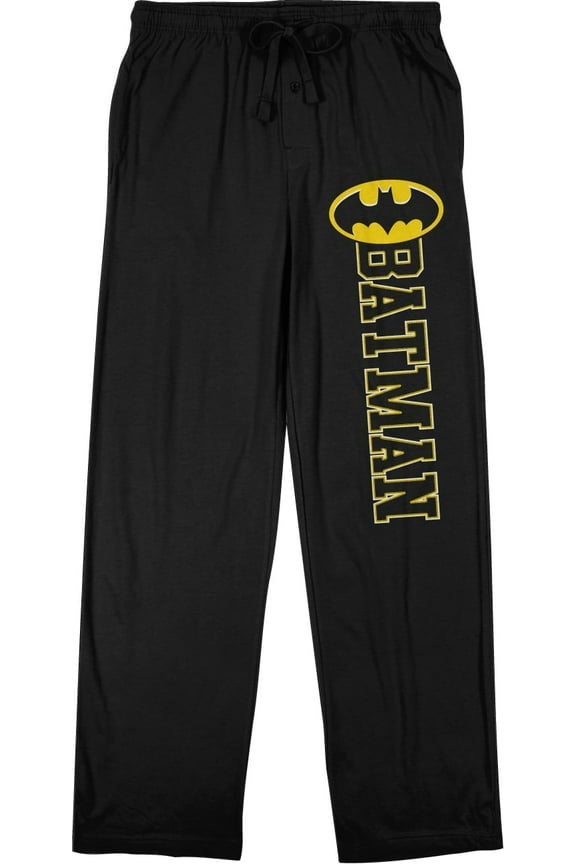 Batman Stitch Title Logo Men's Black Drawstring Sleep Pajama Pants-XL