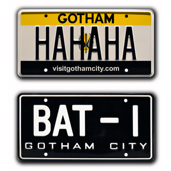 Batman & Suicide Squad | 1966 Batmobile + Vaydor | BAT-1 + HAHAHA | Metal Stamped Replica Prop License Plate Combo