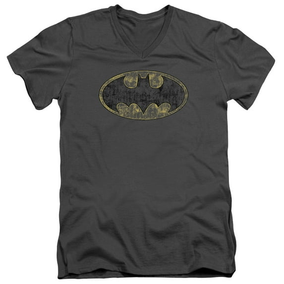 Batman Tattered Logo S/S Adult V-Neck T-Shirt 30/1 T-Shirt Charcoal
