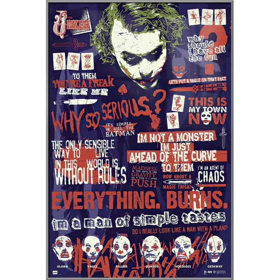 Batman: The Dark Knight - Framed Movie Poster (The Joker Infographic - Quotes) (Size: 25" X 37") (Silver Aluminum Frame)