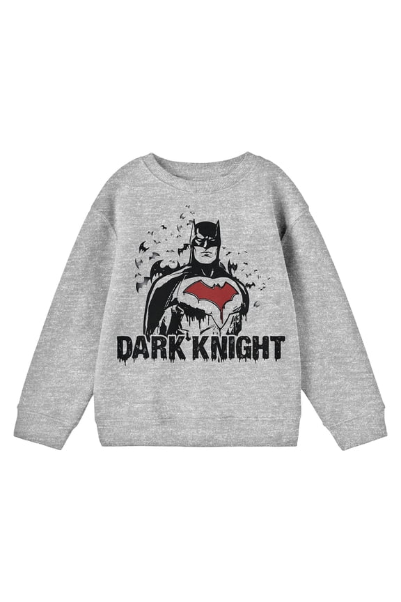 Batman The Dark Knight Line Art Boy's Athletic Heather Long Sleeve Shirt-XS