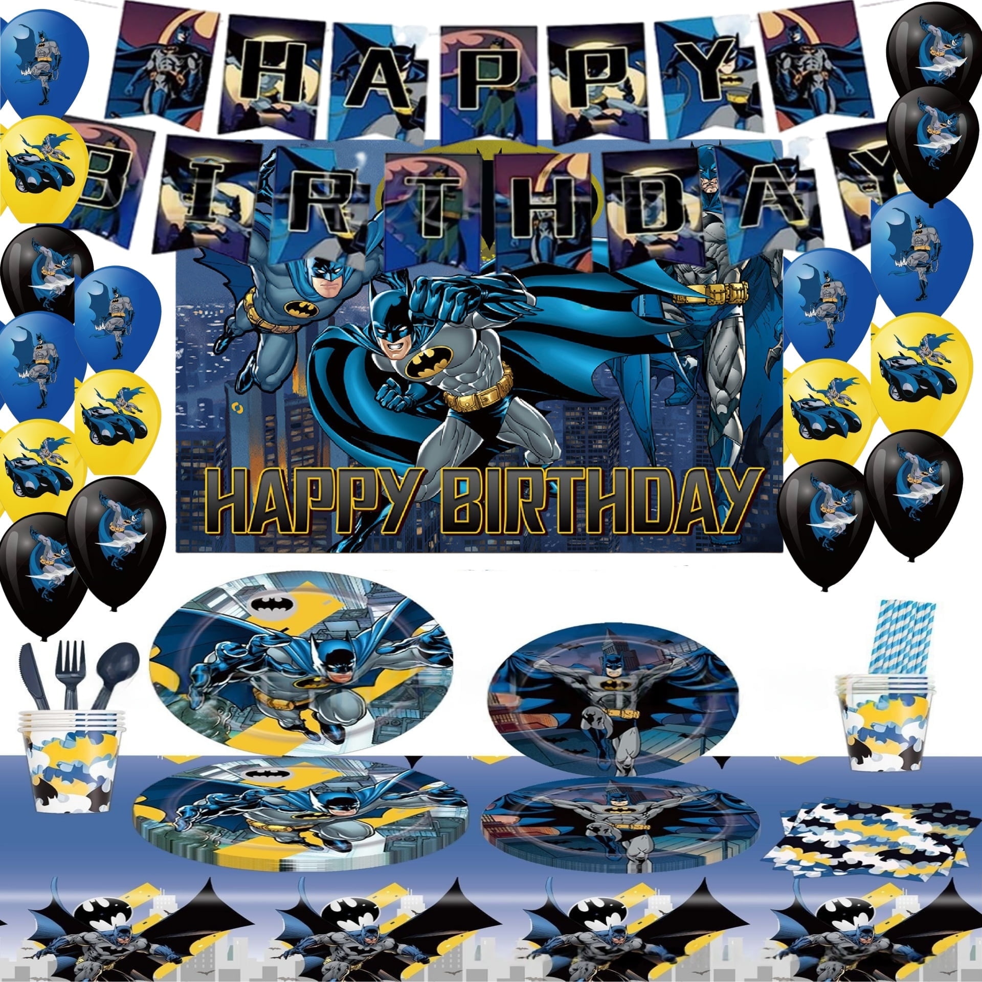 Batman Theme Party Decorations Tableware Set , 125PCS Anime Birthday Plates and Cups Napkins Tablecloth Pikachu Birthday Decorations Tableware