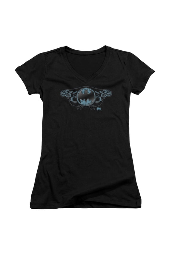 Batman Two Gargoyles Logo Junior Women's T-Shirt V-Neck Black