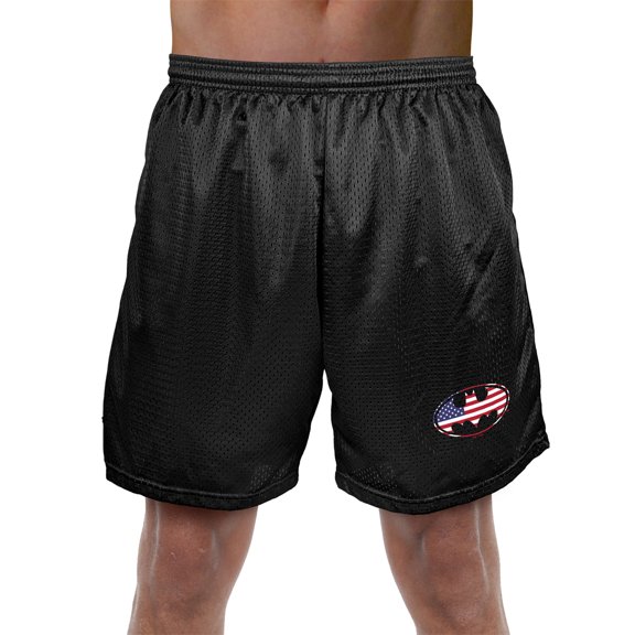 Batman USA American Flag Shield Logo Mens Lined Mesh Shorts, Black, X-Large
