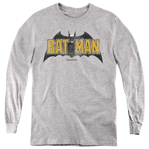 Batman Vintage Bat Logo On Gray Kids Long Sleeve T Shirt (Large) for Youth Boys and Girls, Athletic Heather