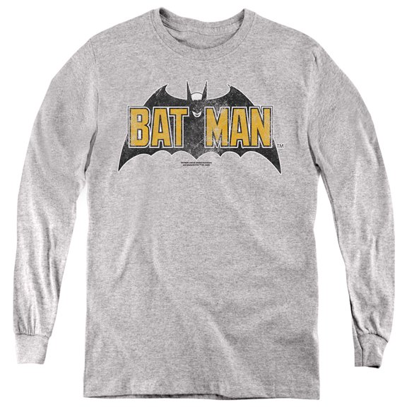 Batman Vintage Bat Logo On Gray Kids Long Sleeve T Shirt (Medium) for Youth Boys and Girls, Athletic Heather