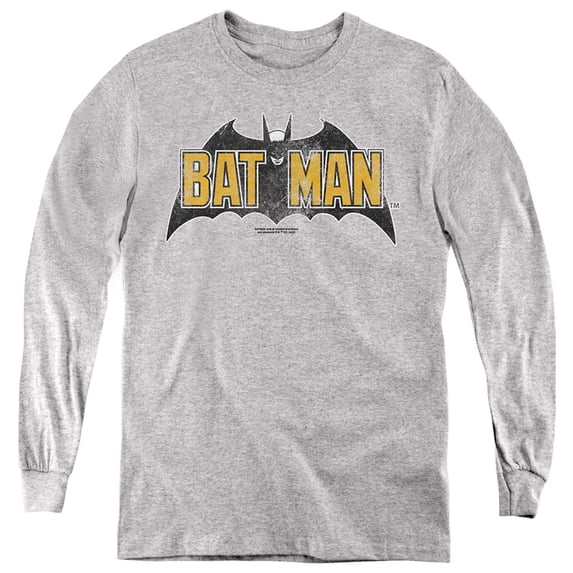 Batman Vintage Bat Logo On Gray Kids Long Sleeve T Shirt (X-Large) for Youth Boys and Girls, Athletic Heather