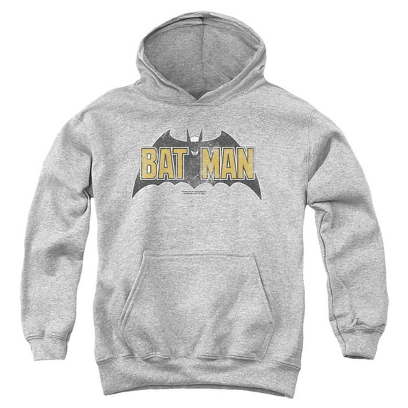 Batman Vintage Bat Logo On Gray Kids Pull-Over Hoodie (Large) for Youth Boys and Girls, Athletic Heather