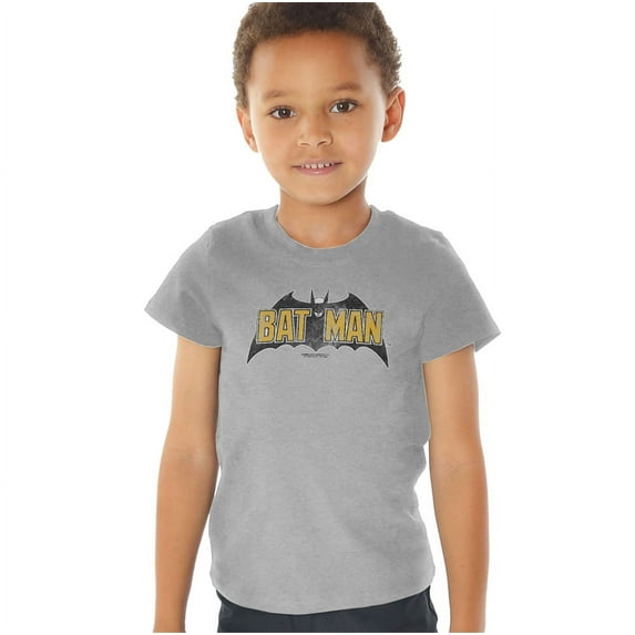 Batman Vintage Bat Logo On Gray Kids T Shirt (3) for Youth Toddler Boys and Girls, Athletic Heather