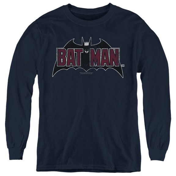 Batman Vintage Bat Logo On Navy Kids Long Sleeve T Shirt (Medium) for Youth Boys and Girls, Navy