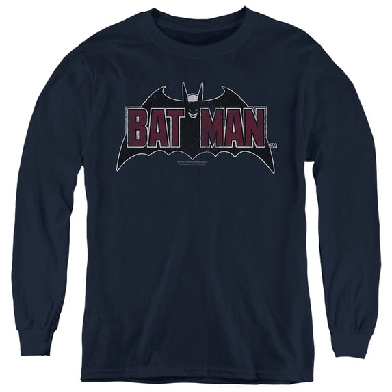 Batman Vintage Bat Logo On Navy Kids Long Sleeve T Shirt (Small) for Youth Boys and Girls, Navy