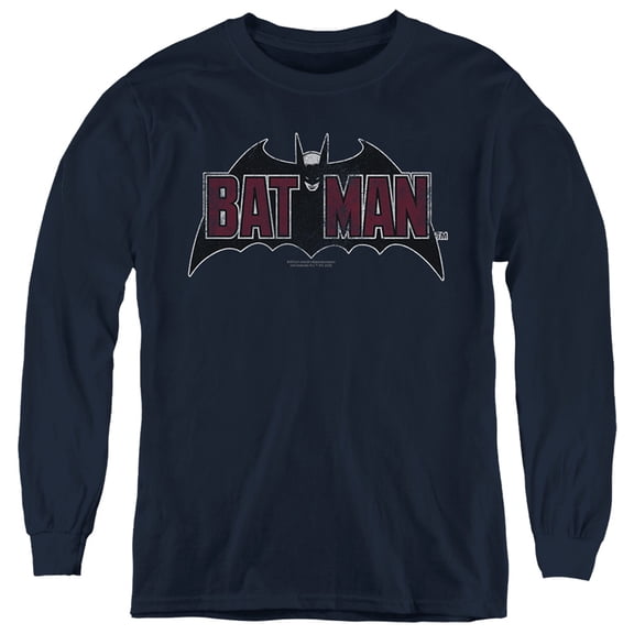 Batman Vintage Bat Logo On Navy Kids Long Sleeve T Shirt (Small) for Youth Boys and Girls, Navy