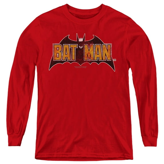 Batman Vintage Bat Logo On Red Kids Long Sleeve T Shirt (Small) for Youth Boys and Girls, Red